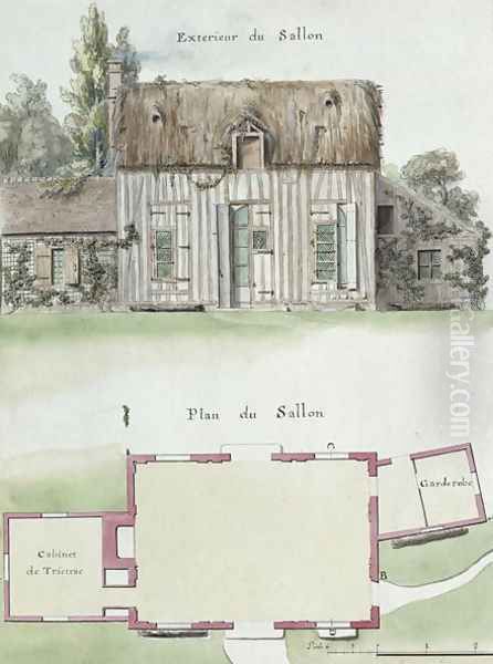 Exterior and floor plan of the living room of the Chateau de Chantilly, f.16 from the 'Atlas du Comte du Nord', 1784 Oil Painting by Chambe