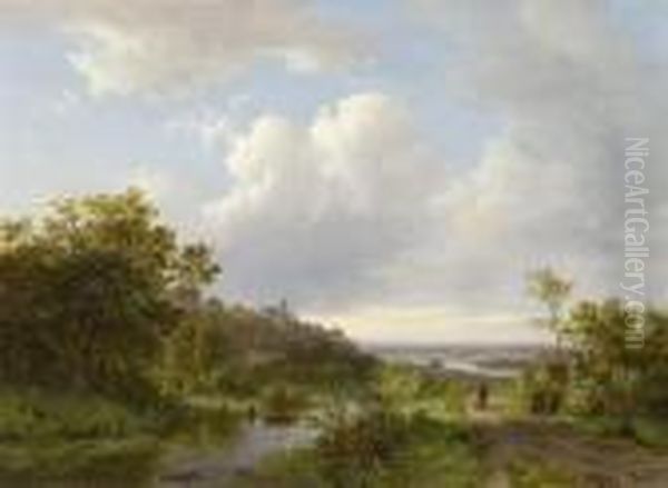 River Landscape In The Summer Oil Painting by Johann Bernard Klombeck