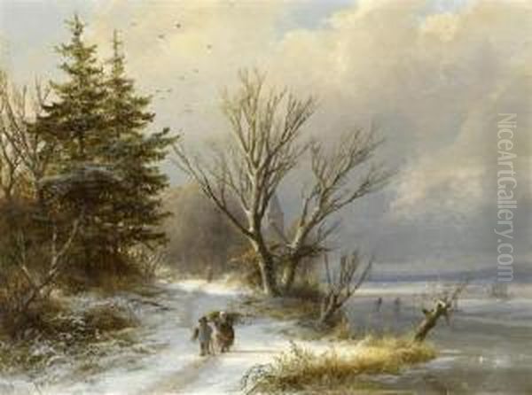 Winter Landscape With Wood Collectors Oil Painting by Johann Bernard Klombeck