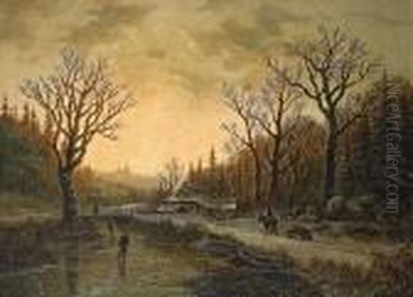 Winterlandschaft Mit Schlittschuhlaufern Oil Painting by Johann Bernard Klombeck