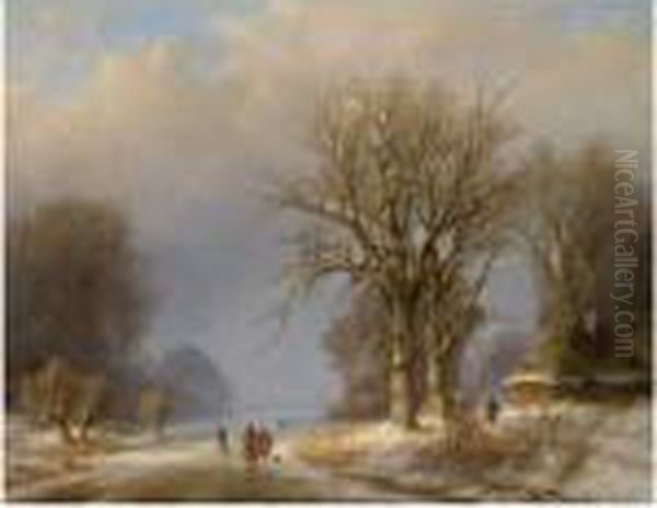 Figures On A Frozen Waterway Oil Painting by Johann Bernard Klombeck