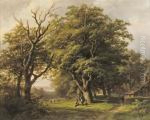 Shepherds Under An Oak Tree In A Rhenish Landscape Oil Painting by Johann Bernard Klombeck