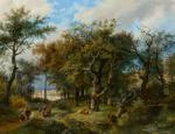 Forest Landscape With Shepherds And Flock. Oil Painting by Johann Bernard Klombeck