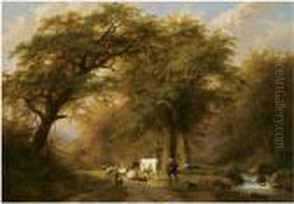 A Shepherd And His Flock In A Wooded Landscape Oil Painting by Johann Bernard Klombeck