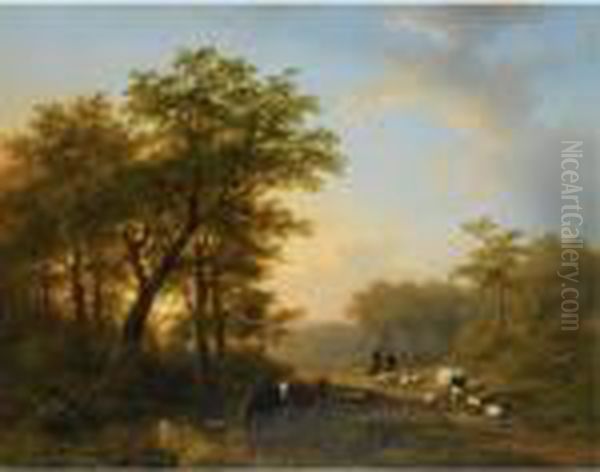 Figures And Cattle In A Landscape Oil Painting by Johann Bernard Klombeck