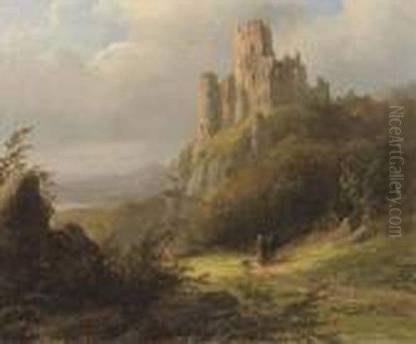 Travellers On A Sunlit Path By A Ruin Oil Painting by Johann Bernard Klombeck