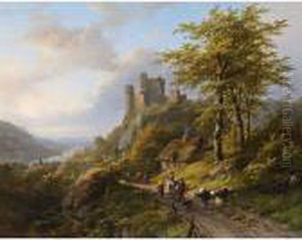 Figures Near A Ruin In A River Landscape Oil Painting by Johann Bernard Klombeck