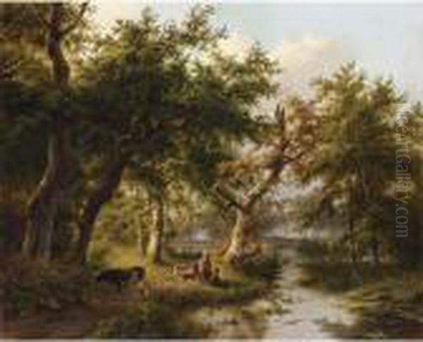 Figures And Cattle In A Sunlit Wooded Landscape Oil Painting by Johann Bernard Klombeck