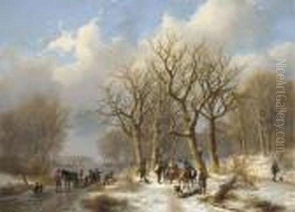 A Winter Woodland Landscape Oil Painting by Johann Bernard Klombeck