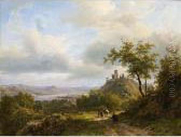 A Panoramic River Landscape Oil Painting by Johann Bernard Klombeck