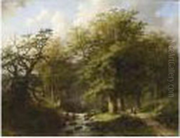 Travellers In A Wooded Landscape By A Stream Oil Painting by Johann Bernard Klombeck