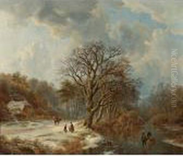 A Forest And River Landscape In Winter With Skaters And Villagers On A Path by Johann Bernard Klombeck