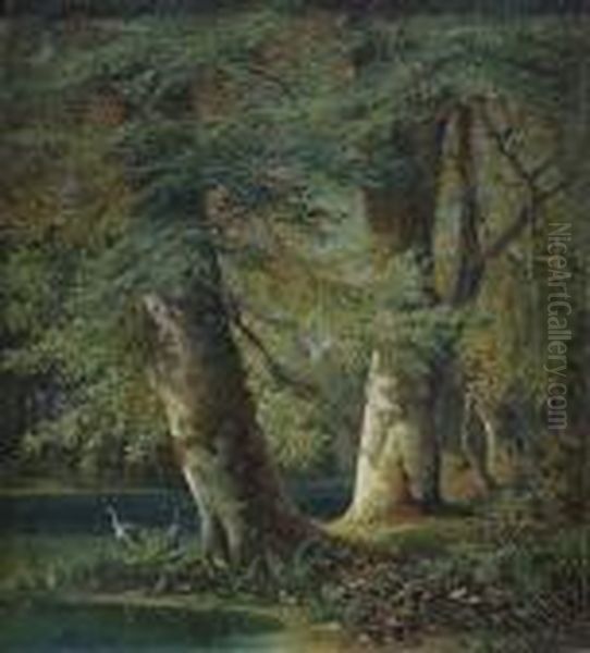 Wooded River Landscape With Herons Oil Painting by Johann Bernard Klombeck