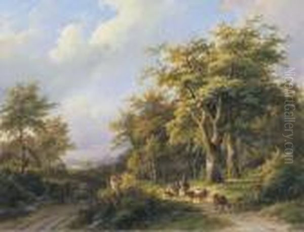 Travellers Resting On A Forest Path In A Wooded Valley Oil Painting by Johann Bernard Klombeck