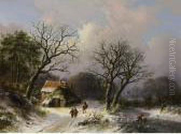 Figures On A Path In A Snow Covered Landscape Oil Painting by Johann Bernard Klombeck