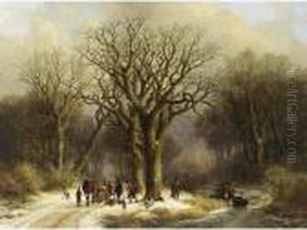 Hunters In The Snow Oil Painting by Johann Bernard Klombeck