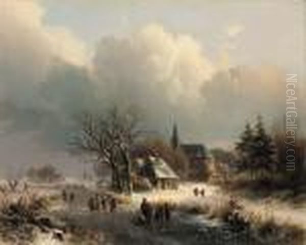 Figures On A Frozen River In Winter Oil Painting by Johann Bernard Klombeck