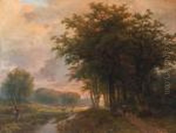 A Wooded River Valley With Peasants On A Path, Cattle In A Meadowbeyond Oil Painting by Johann Bernard Klombeck