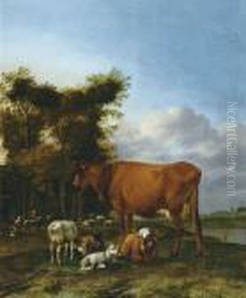 Shepherd With Cattleresting Near The Water Oil Painting by Albert-Jansz. Klomp