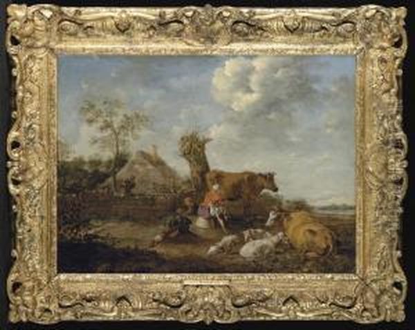 A Pastoral Landscape With A Milkmaid Milking Beside A Cottage Oil Painting by Albert-Jansz. Klomp