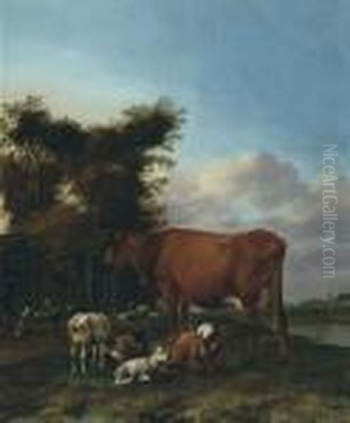 Shepherds With Resting Cattle Near The Water (1662) Oil Painting by Albert-Jansz. Klomp