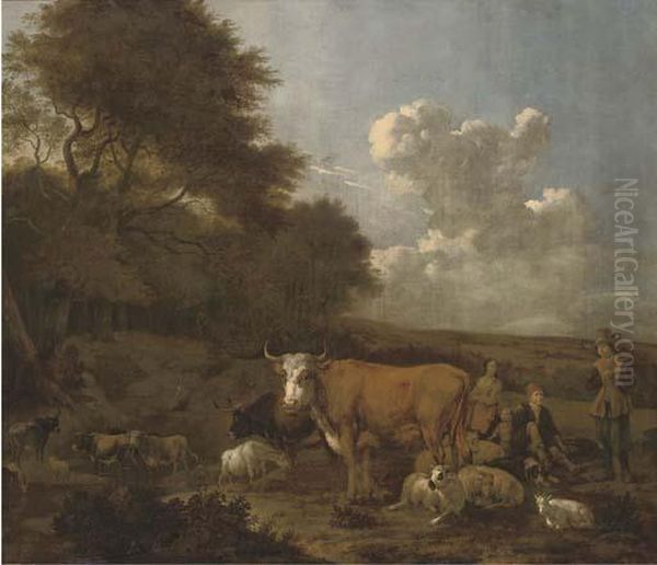 An Extensive Wooded Landscape With Herdsmen On A Track Oil Painting by Albert-Jansz. Klomp