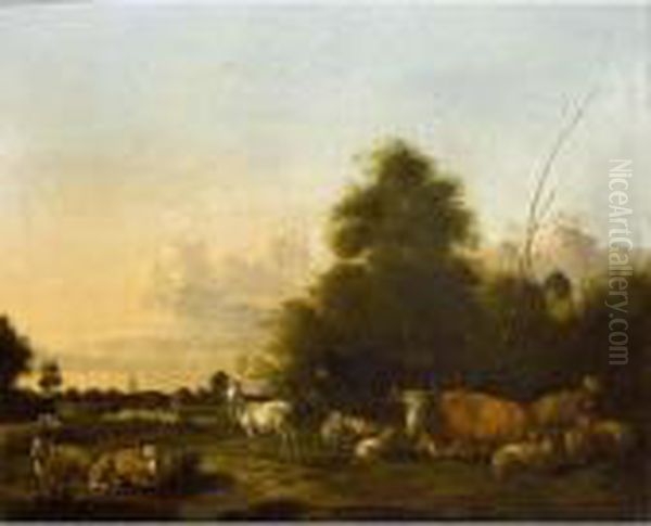 A Landscape With Cattle, Sheep And Goats In The Foreground, A Village Beyond Oil Painting by Albert-Jansz. Klomp