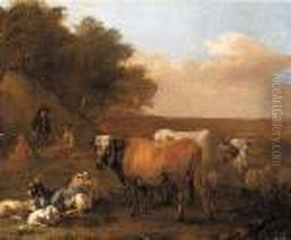 Family With Drovers And Their Animals Oil Painting by Albert-Jansz. Klomp