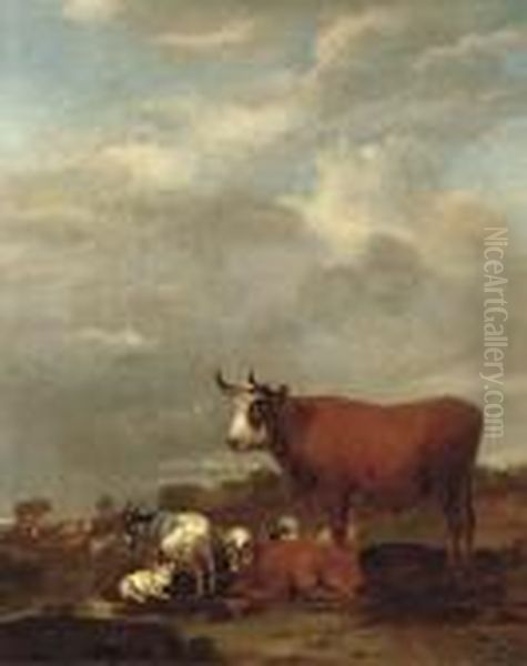 A Landscape With Cows And Goats Oil Painting by Albert-Jansz. Klomp