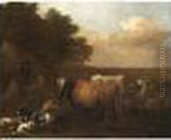 A Landscape With Shepherds Tending Their Herd Oil Painting by Albert-Jansz. Klomp