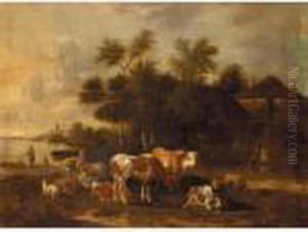 A River Landscape With Cattle And Sheep Before Farm Buildings Oil Painting by Albert-Jansz. Klomp