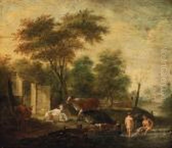 Herdsmen Bathing In A Stream With Cattle Grazing On A Banknearby Oil Painting by Albert-Jansz. Klomp