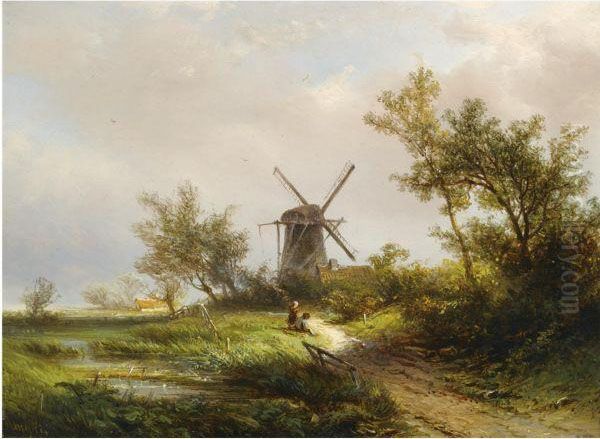 Figures Resting Near A Mill Oil Painting by Pieter Lodewijk Francisco Kluyver