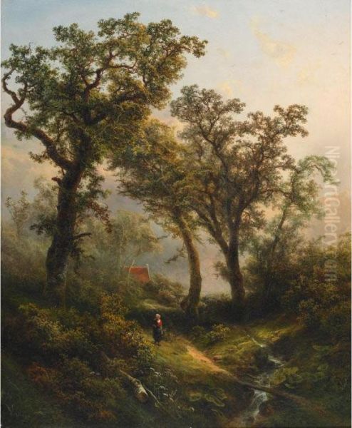 Woman On A Wooded Path By A Stream Oil Painting by Pieter Lodewijk Francisco Kluyver