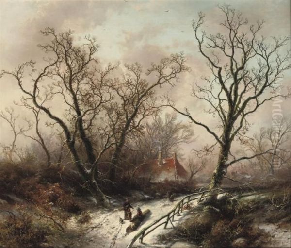 Figures On A Snow-covered Path Gathering Wood Oil Painting by Pieter Lodewijk Francisco Kluyver