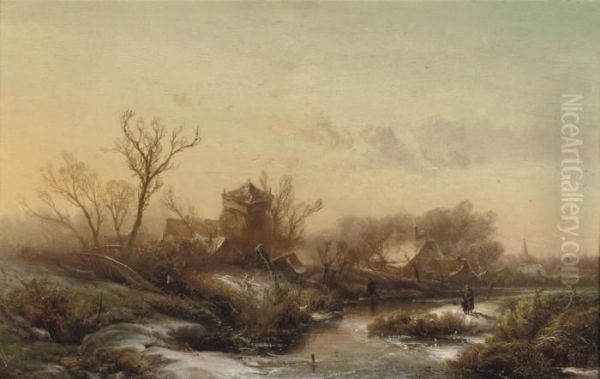 On The Outskirts Of A Village In Winter Oil Painting by Pieter Lodewijk Francisco Kluyver