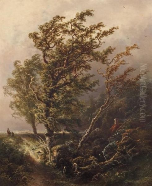 Trees In Stormy Weather Oil Painting by Pieter Lodewijk Francisco Kluyver