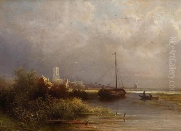 Kanallandschaft Mit Segelboot Oil Painting by Pieter Lodewijk Francisco Kluyver