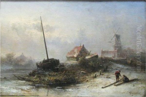 Shoreline With Beached Boat, People And Windmill Oil Painting by Pieter Lodewijk Francisco Kluyver