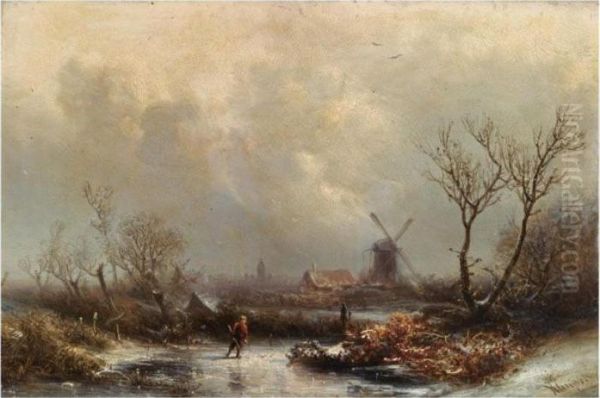 Figures In A Snow Covered Winter Landscape Oil Painting by Pieter Lodewijk Francisco Kluyver