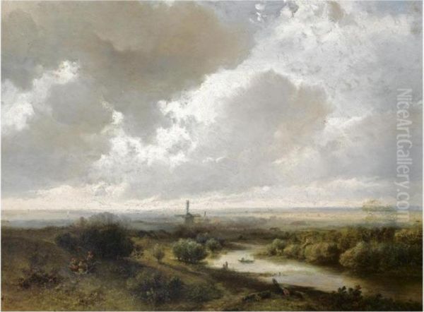 A Panoramic River Landscape Oil Painting by Pieter Lodewijk Francisco Kluyver