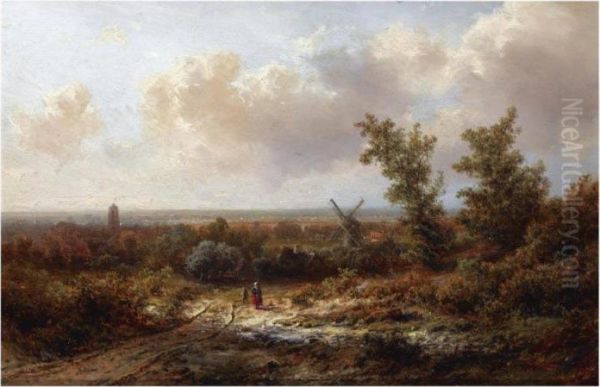 Figures In A Panoramic Landscape Oil Painting by Pieter Lodewijk Francisco Kluyver