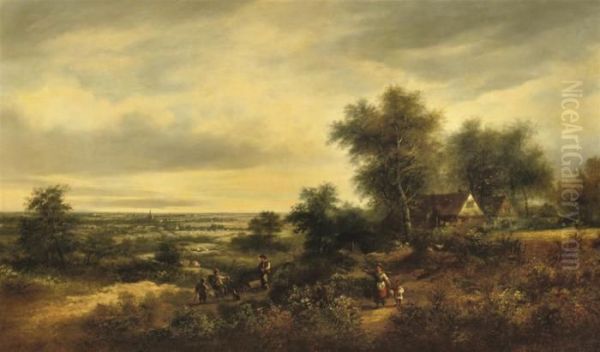 Villagers On A Hill-top, A Panoramic Landscape Beyond Oil Painting by Pieter Lodewijk Francisco Kluyver