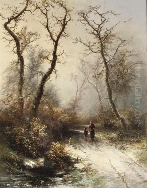 Along A Snowy Path Oil Painting by Pieter Lodewijk Francisco Kluyver