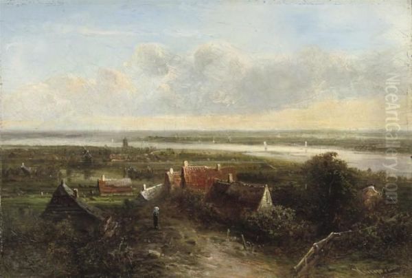 A Panoramic River Landscape Oil Painting by Pieter Lodewijk Francisco Kluyver