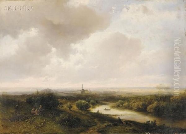 A Picnic Overlooking The River Oil Painting by Pieter Lodewijk Francisco Kluyver