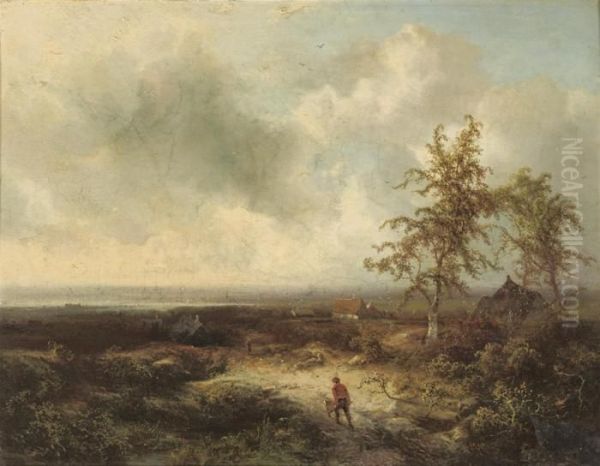 Pushing The Wheelbarrow In A Panoramic Landscape Oil Painting by Pieter Lodewijk Francisco Kluyver