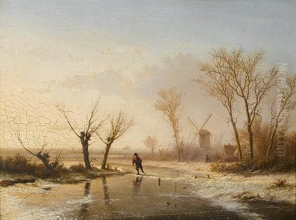 Winter Landscape With Skating Figure Oil Painting by Pieter Lodewijk Francisco Kluyver