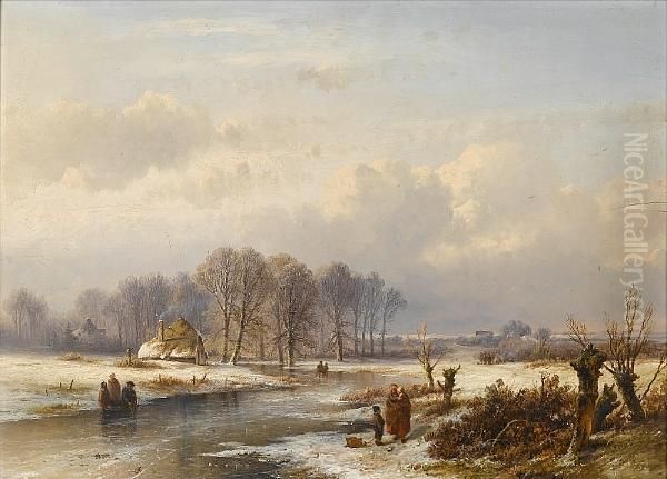 A Winter Landscape With Skaters On A Frozen River Oil Painting by Pieter Lodewijk Francisco Kluyver