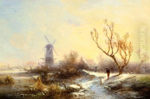 Winter Landscape With Millby The Water Oil Painting by Pieter Lodewijk Francisco Kluyver